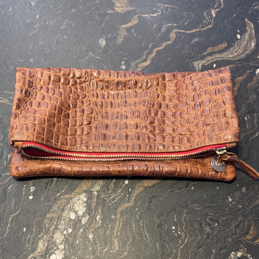 Clare V Fold Over Clutch- Brown Crocodile Embossed